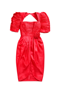 Vintage 1980s BB Collection by Barbara Black Red Taffeta Ruffled Rosette Cocktail Dress